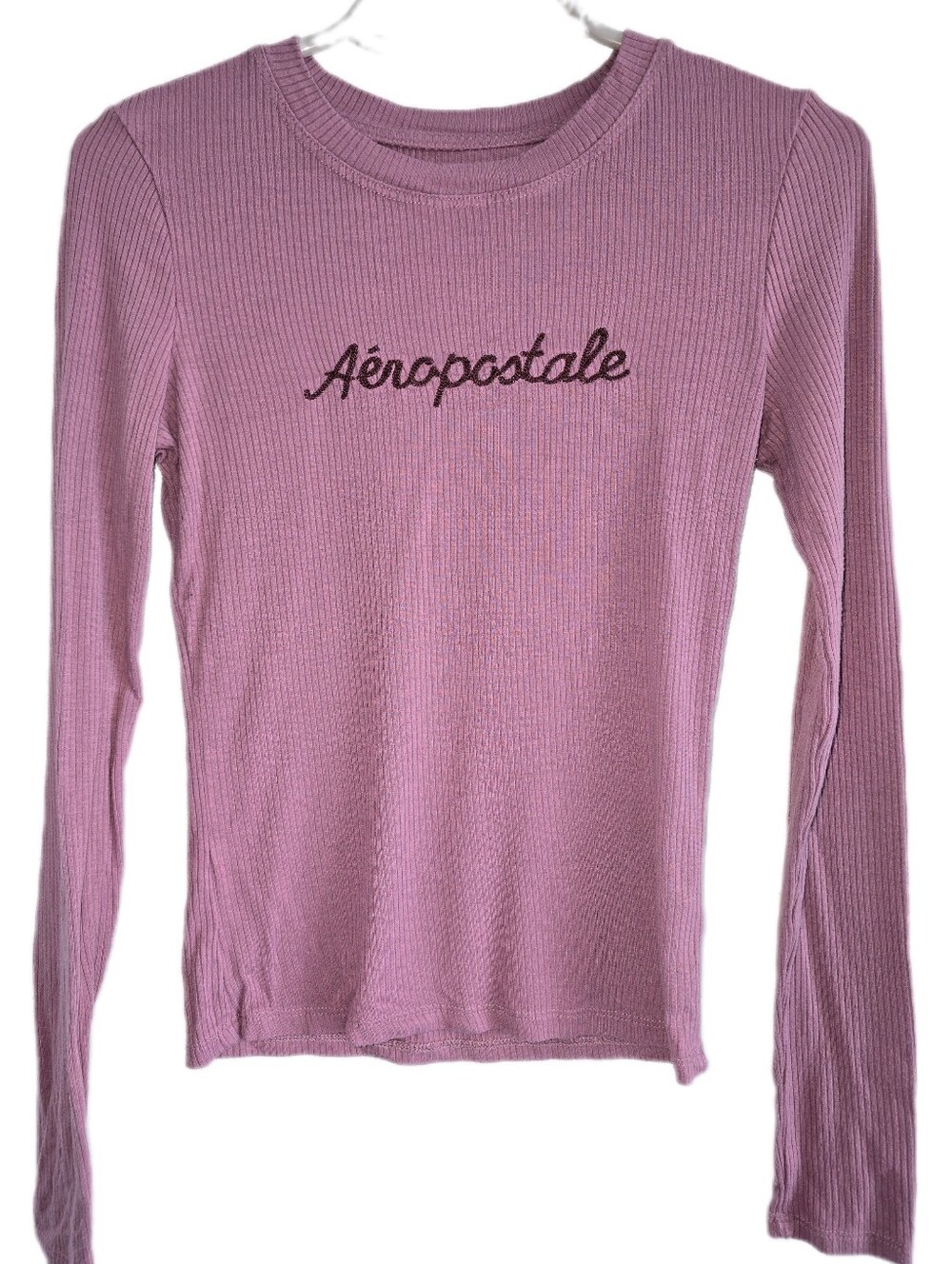 Aeropostale Vintage Long Sleeve Ribbed Crewneck Top - Mauve Pink